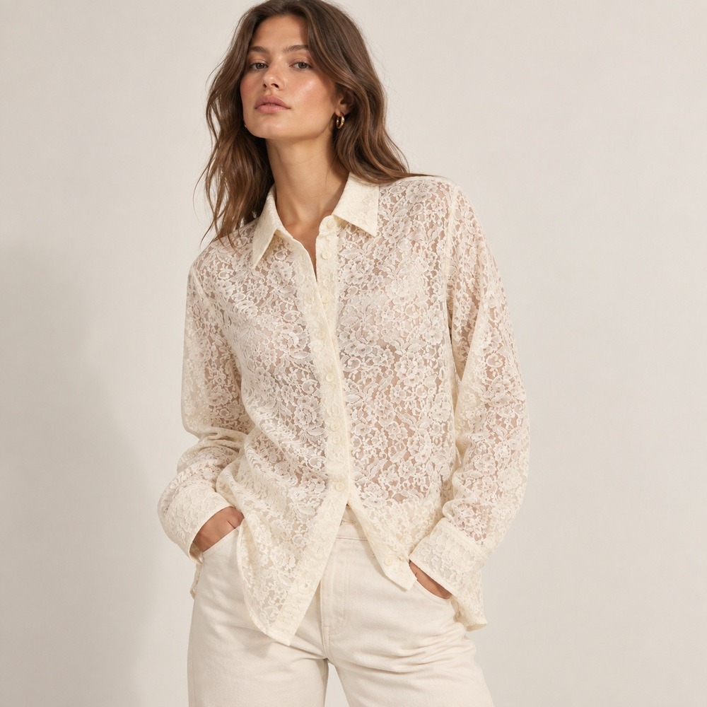 Josephine Chaus Lace Blouse Womens M Cream Floral Sheer Top Coquette Boho